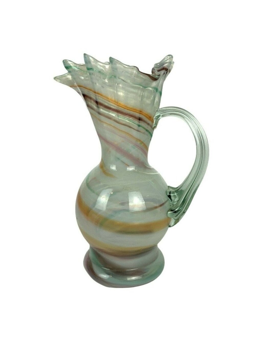 Hand-Blown Art Glass Pitcher Vase With Ruffled Spout & Swirl Pattern 7 inch Tall